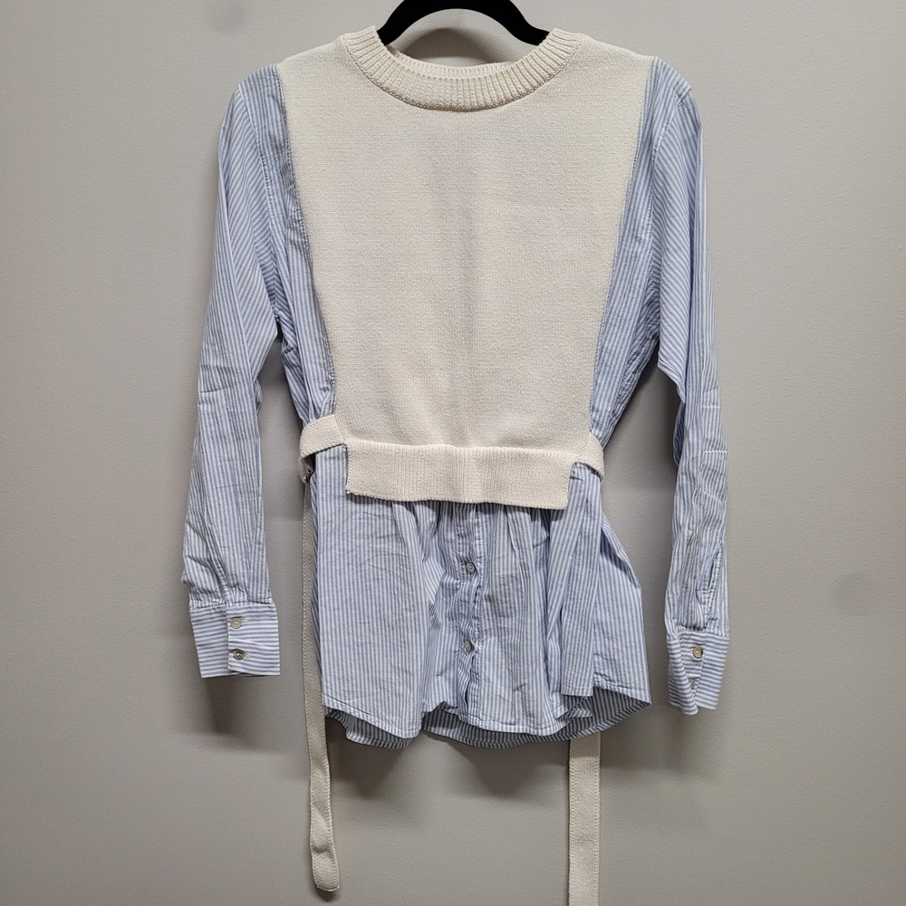 Zara Women Blue White Striped Shirt Cream Knit Vest Layered Top XS-S T05-0002